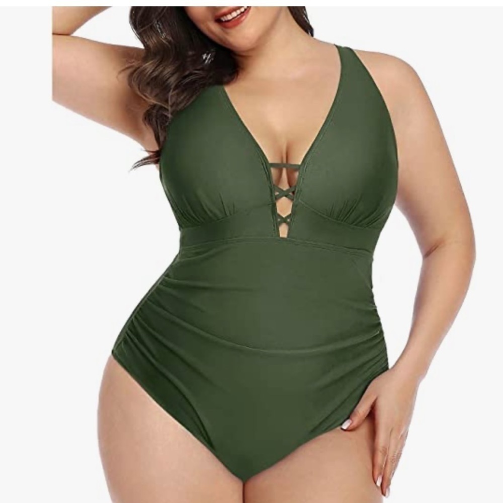 One Piece Swimsuit Slimming Tummy Control Bathing Suits Lace up Plunge V Neck
